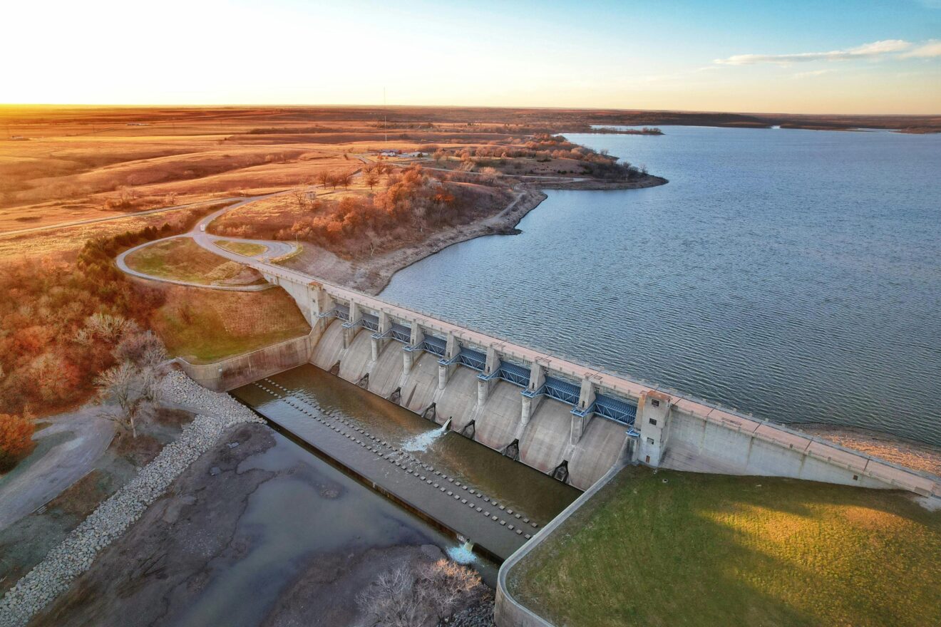 Aerial view of flood control infrastructure